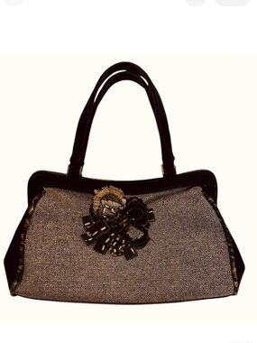 Vintage Inspired Brown Wool Tweed & Velvet Leopard Trim Satchel Handbag Purse